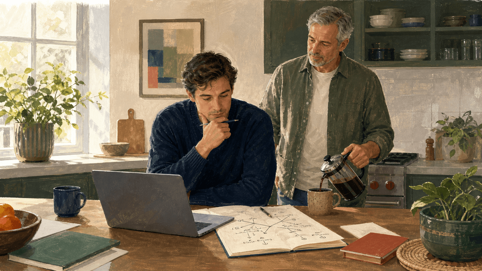 A father listens while his adult son compares career options at a kitchen table