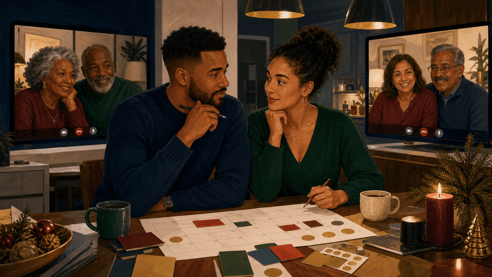 A couple makes holiday plans together while speaking with both sets of parents by video