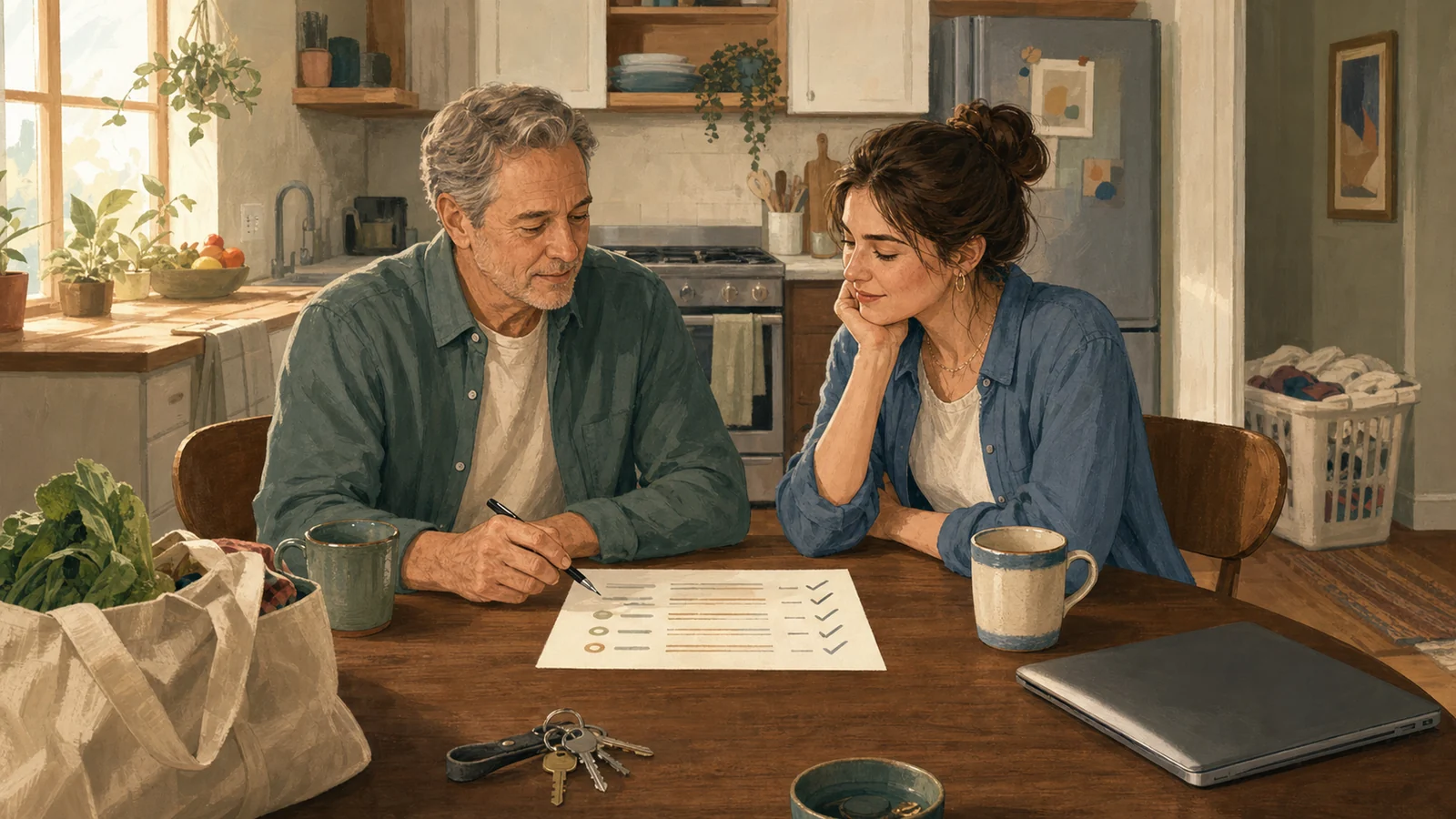 A father and adult daughter calmly review a household agreement together at their kitchen table