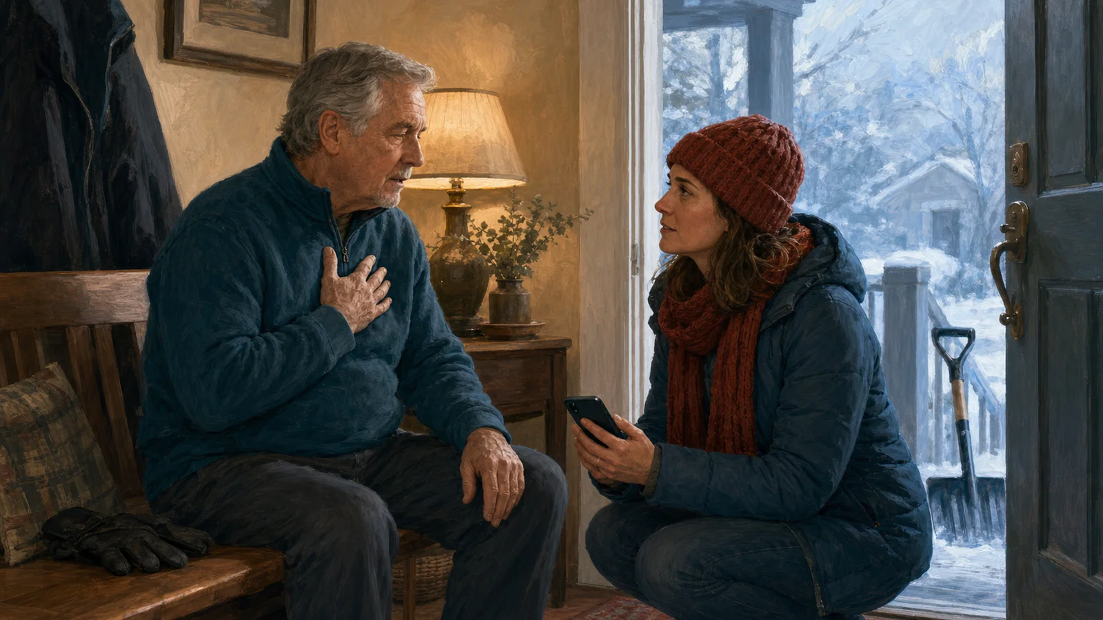 An older father pauses on an entryway bench after coming in from the snow while his adult daughter watches attentively with a phone ready