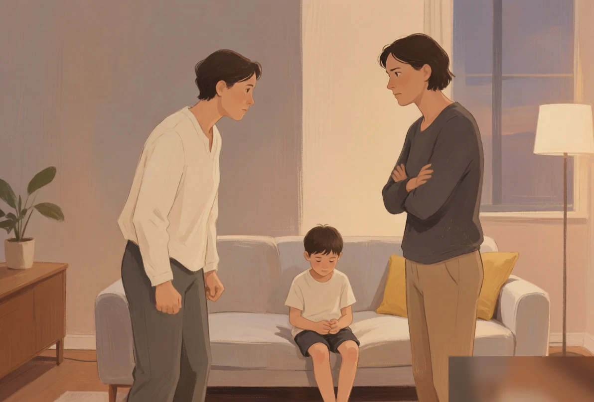 Two adults face each other across a living room with tense postures while a child sits on the couch between them looking down at their hands, muted evening light