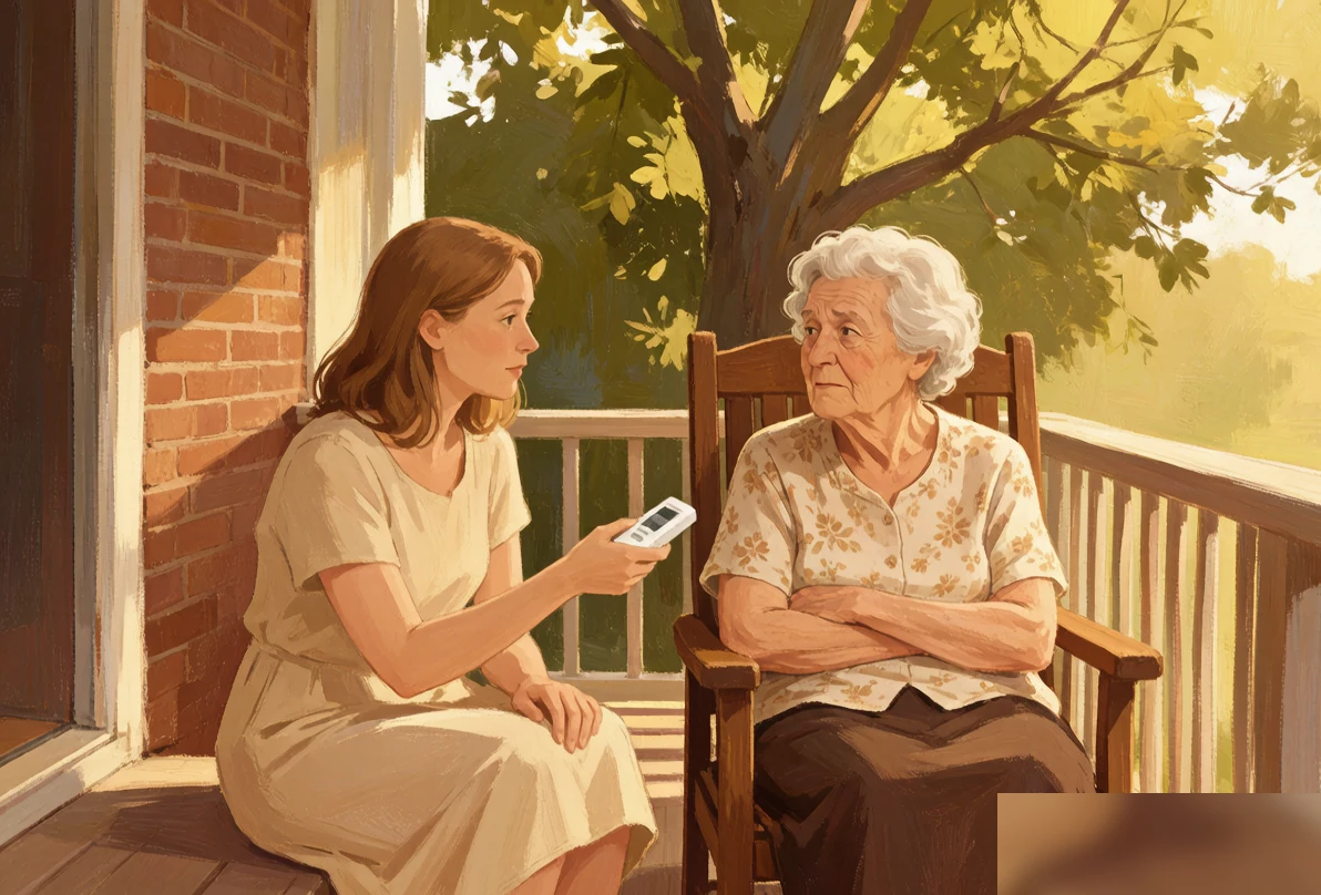 An adult daughter sits beside her elderly mother on a porch in summer, the daughter holding a thermostat remote while the mother looks away with a stubborn expression, warm afternoon light